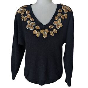 Vintage 80s 90s Sequin Embellished Silk Knit Sweater Pullover V Neck Pads Size M